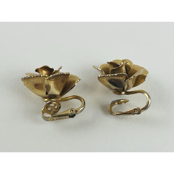 Lisner Open Rose Flower Clip On Earrings Gold Tone Jewelry Vintage Granny 3D Chu - Picture 13 of 13